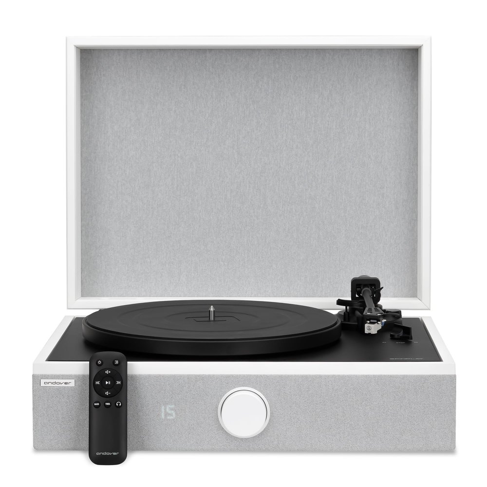 Andover Audio SpinPlay Premium All-in-One Record Player for Vinyl Record Playback - Semi-Automatic, Auto Power-On and Auto-Stop, Integrated Sound System with 270 Speaker Array - White (White)