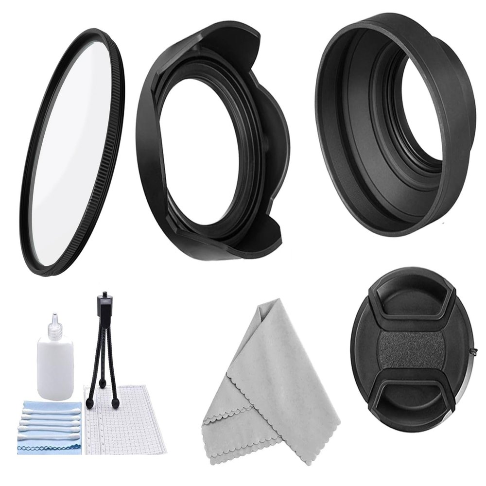 58MM Tulip Flower Lens Hood + UV Filter + Rubber Collapsible Lens Hood + Cap for Panasonic Lumix G Vario 14-140mm f/3.5-5.6 ASPH. Power O.I.S. Lens