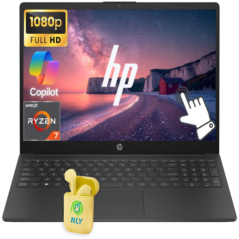HP Touchscreen 15.6" FHD IPS LED Laptop Computer, 16GB RAM 512GB SSD, AMD Ryzen 7 (8-Core) Processor, Windows 11, AMD Radeon Graphics, Wi-Fi 6, HD Webcam, Numeric Keypad, NLY Earphones, Black