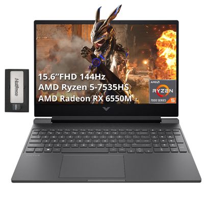 HP Victus 15.6" FHD 144Hz Gaming Laptop, AMD Ryzen 5-7535HS, 32GB DDR5 RAM, 2TB PCIe SSD, AMD Radeon RX 6550M, Backlit Keyboard, Wi-Fi 6, Win 11 Pro, Mica Silver, 1TB Docking Station Set