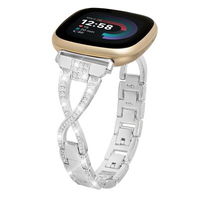 Alociaga Bling Metal Band, Compatible for Fitbit Versa 4/Sense 2/Versa 3/Sense Band, Cute Dressy X-Shaped Silver Bracelet for Women
