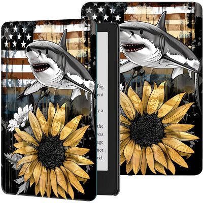 Case for 10.2" Kindle Scribe (2024/2022 Release) Lightweight PU Leather Slim Folio Adjustable Multi-Angle Smart Shell Cover with Auto Wake/Sleep for 10.2" Kindle Scribe E-Reader,Sunflowers Shark Flag