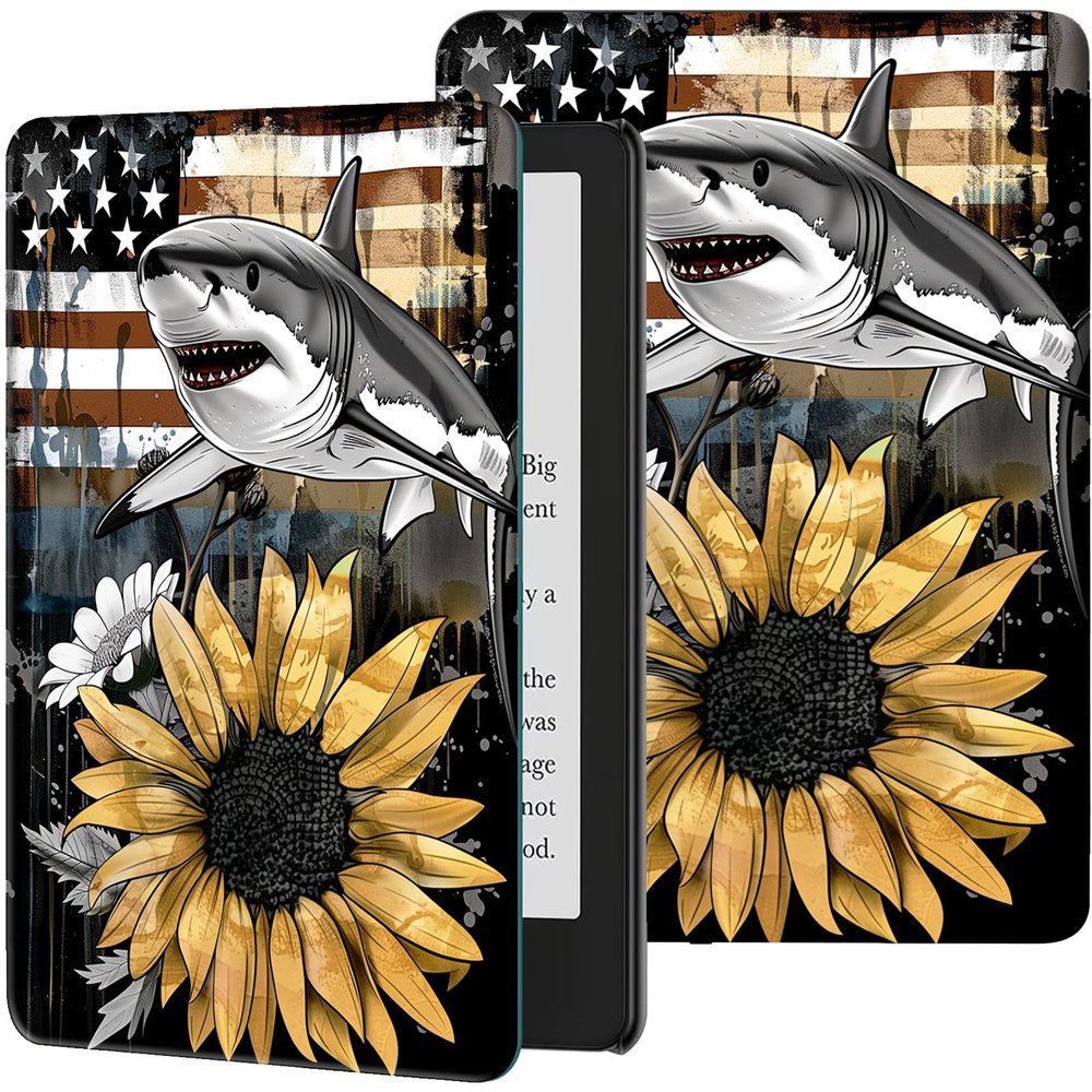 Case for 10.2" Kindle Scribe (2024/2022 Release) Lightweight PU Leather Slim Folio Adjustable Multi-Angle Smart Shell Cover with Auto Wake/Sleep for 10.2" Kindle Scribe E-Reader,Sunflowers Shark Flag