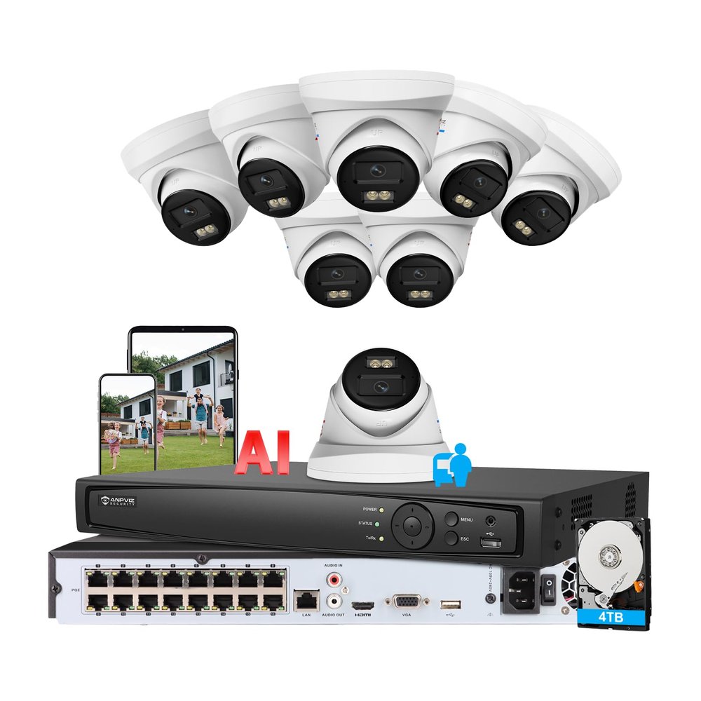 Anpviz 12MP @10fps 16CH PoE Security Camera System, 16 Channel Commercial NVR with 4TB HDD and 8X12MP IP Turret Metal Wired Cameras Smart Dual Light, AI Human Vehicle Detection, IP67 CCTV for Business