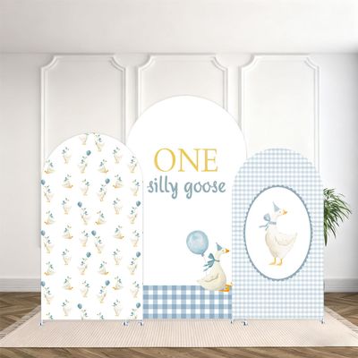 Set of 3 One Silly Goose Arch Backdrop Cover,Blue Plaides Stretchy Arched Stand Cover for Boy Baby Birthday Baby Shower Party Decoration(6FT+5FT+4FT)