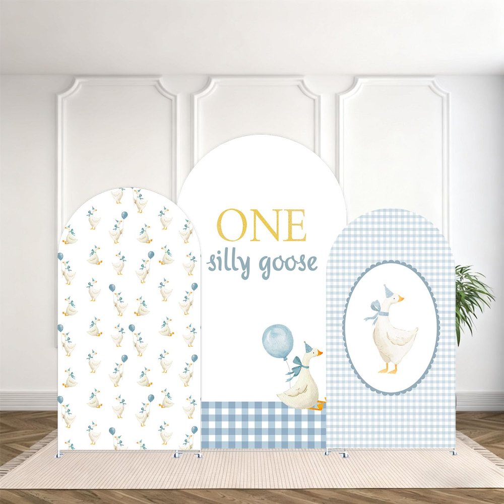 Set of 3 One Silly Goose Arch Backdrop Cover,Blue Plaides Stretchy Arched Stand Cover for Boy Baby Birthday Baby Shower Party Decoration(6FT+5FT+4FT)