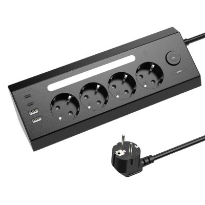 8-in-1 EU Socket Board with 2USB+2Type-C+ Master Control Switch, 1.8-Meter Extension Cord, and Night Light Adjustment Function(EU_250V_Black)