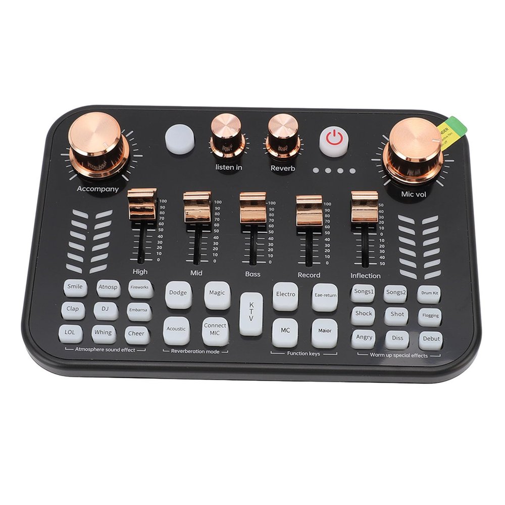 Asixxsix Live Sound Card, 3.5mm Mic Input Interface BT Audio Mixer with 4 Volume Knobs 5 Slider Knobs Breathing Lights, Podcast Mixer for Phone PC Live Streaming