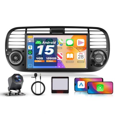 4G+128G Android 15 Car Stereo for Fiat 500 2007-2015, Wireless CarPlay Android Auto, 7'' IPS HD Touch Screen Car Stereo with GPS, WiFi, Bluetooth 5.0, FM, 32 EQ, SWC, Backup Camera