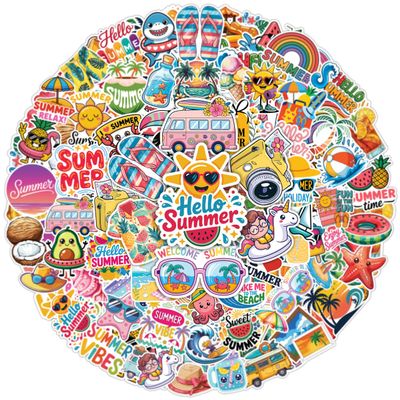 100PCS Summer Stickers Waterproof Vinyl Decals Beach, Palm Tree, Sun, Surfboard & Tropical Travel Theme for Water Bottle, Laptop, Scrapbook, Party Favors