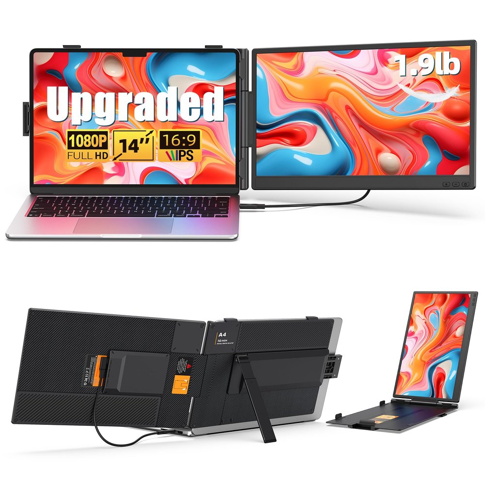 14" Dual Laptop Screen Extender - Ultra Thin Portable Monitor | FHD 1080P USB-C/HDMI Plug & Play | Lightweight Travel Display for Mac/Windows (13-17.3" Laptop) | Multi-Tasking Boost for Work & Gaming