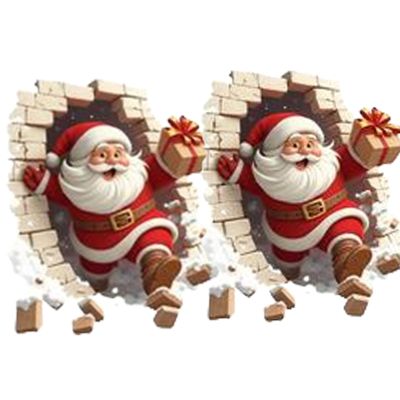 2PCS Santa Claus Wall Stickers, Christmas Santa Breaking Brick Decorations, Easy to Apply Holiday Decoration, 3D Christmas Decal Accessory for Home Party Living Room Bedroom Kitchen