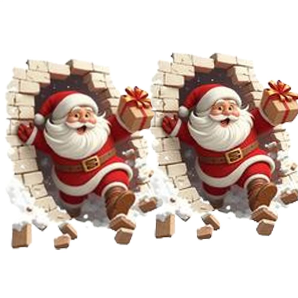 2PCS Santa Claus Wall Stickers, Christmas Santa Breaking Brick Decorations, Easy to Apply Holiday Decoration, 3D Christmas Decal Accessory for Home Party Living Room Bedroom Kitchen