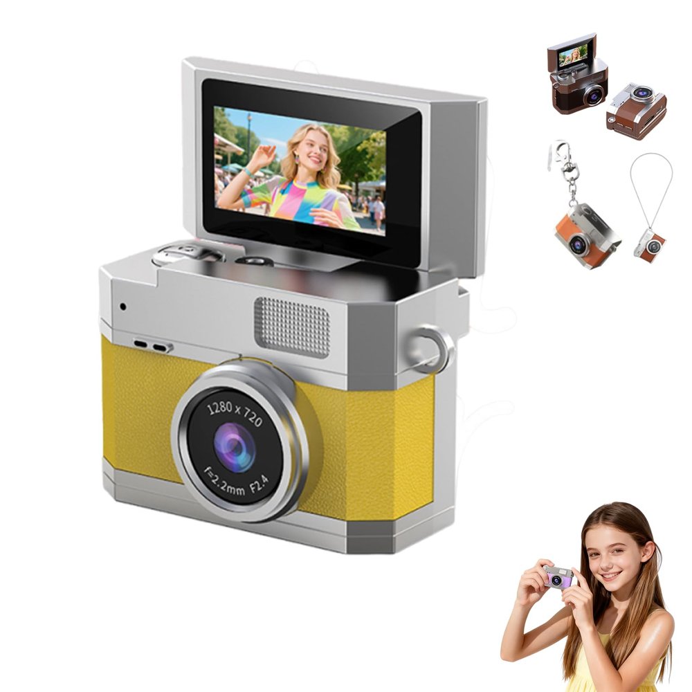 2026 New Thumb-Sized Flip Screen Mini Camera, Retro Ccd Digital Camera Mini with Lanyard, 180 Flip Screen, Include 64GB Tf Card + Card Reader + OTG, Suit for Students and Campuses (Yellow)