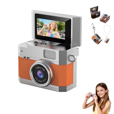 2026 New Thumb-Sized Flip Screen Mini Camera, Retro Ccd Digital Camera Mini with Lanyard, 180 Flip Screen, Include 64GB Tf Card + Card Reader + OTG, Suit for Students and Campuses (Orange)
