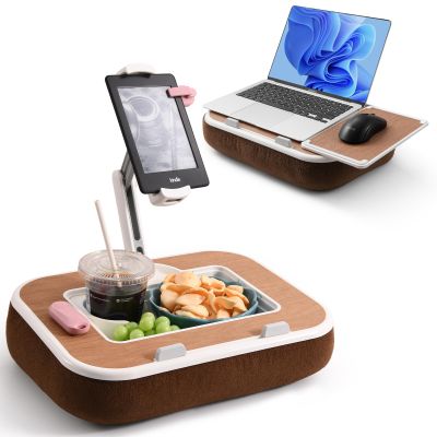 Tablet Pillow Stand with Snack Bowl and Writing Board, 360 Rotating Phone Holder for 4.7-13" Phone Kindle Tablet, Pillow Kindle Holder for Reading in Bed, Couch,Recliner,Floor Etc-Wood Grain