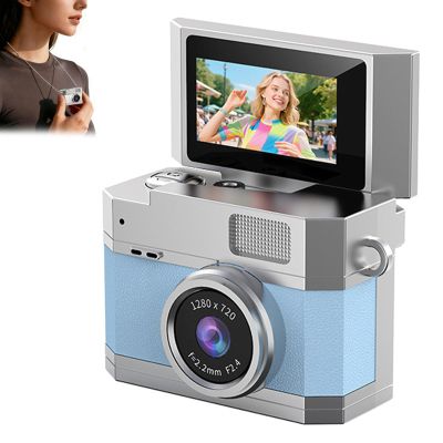 Thumb-Sized Flip Screen Mini Camera, Flip-Screen Retro CCD Portable Mini Digital Camera, with 180 Flip Screen, Video Mode & Beauty Filters, Tiny Vlog Keychain Cam for Beginners (64G,Blue)