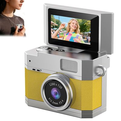 Thumb-Sized Flip Screen Mini Camera, Flip-Screen Retro CCD Portable Mini Digital Camera, with 180 Flip Screen, Video Mode & Beauty Filters, Tiny Vlog Keychain Cam for Beginners (32G,Yellow)