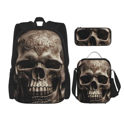LZQPOEAS 3PCS Leather Rose Skull Backpack Sets with Insulated Lunch Bag Pencil Case, 17inch Lightweight Laptop Backpack Shoulder Lunch Box and Pencil Bag for Women Men Travel Bags