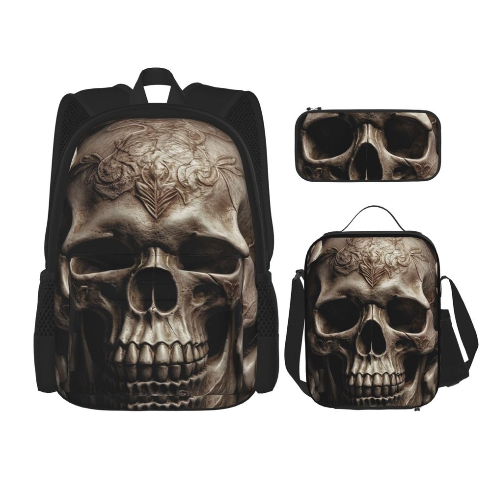 LZQPOEAS 3PCS Leather Rose Skull Backpack Sets with Insulated Lunch Bag Pencil Case, 17inch Lightweight Laptop Backpack Shoulder Lunch Box and Pencil Bag for Women Men Travel Bags