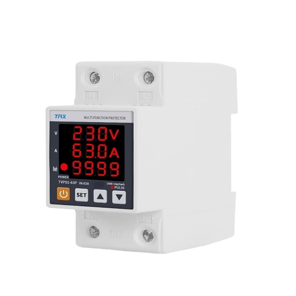 3IN1 Display Din Rail Adjustable Over Under Voltage Surge Protector Relay Over Current Protection Kwh Power Meter 230V 63A