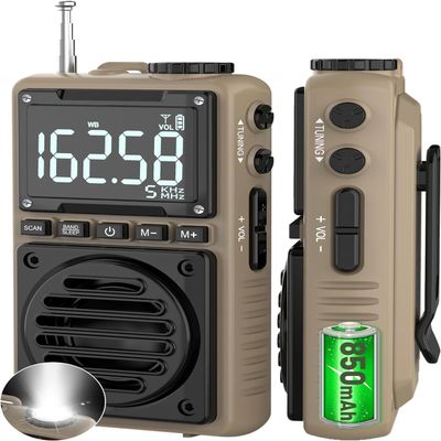 Digital AM FM Weather Band Radio 851mAh Rechargeable Portable Pocket Radio with Best Reception,Flashlight,LCD Screen, Back Clip,Stereo Earphone Jack, SOS Alarm,Sleep Timer for JoggingBrown