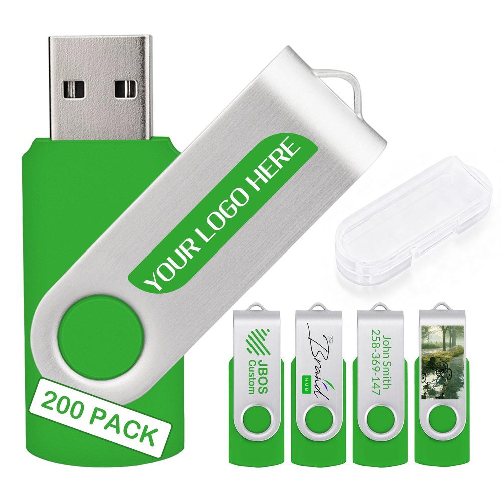 200 Pack Custom USB Flash Drives 32GB USB 3.0,Bulk Personalized Thumb Drives with Logo for Business, Events, Text or Image Printing, JBOS Customized Memory Sticks-Green