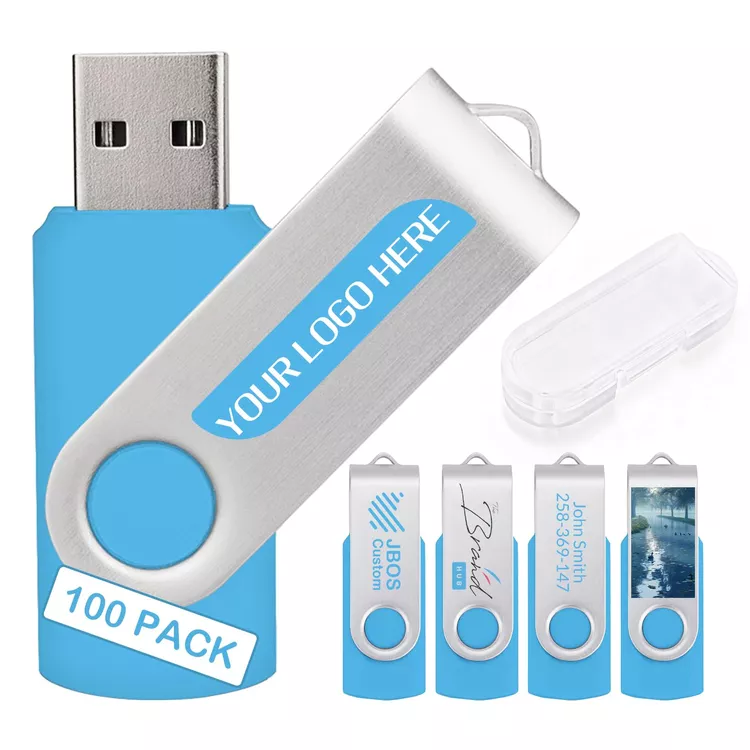 100 Pack Custom USB Flash Drives 16GB USB 2.0,Bulk Personalized Thumb Drives with Logo for Business, Events, Text or Image Printing, JBOS Customized Memory Sticks-Sky Blue