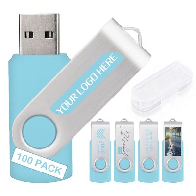 100 Pack Custom USB Flash Drives 16GB USB 2.0,Bulk Personalized Thumb Drives with Logo for Business, Events, Text or Image Printing, JBOS Customized Memory Sticks-Light Blue