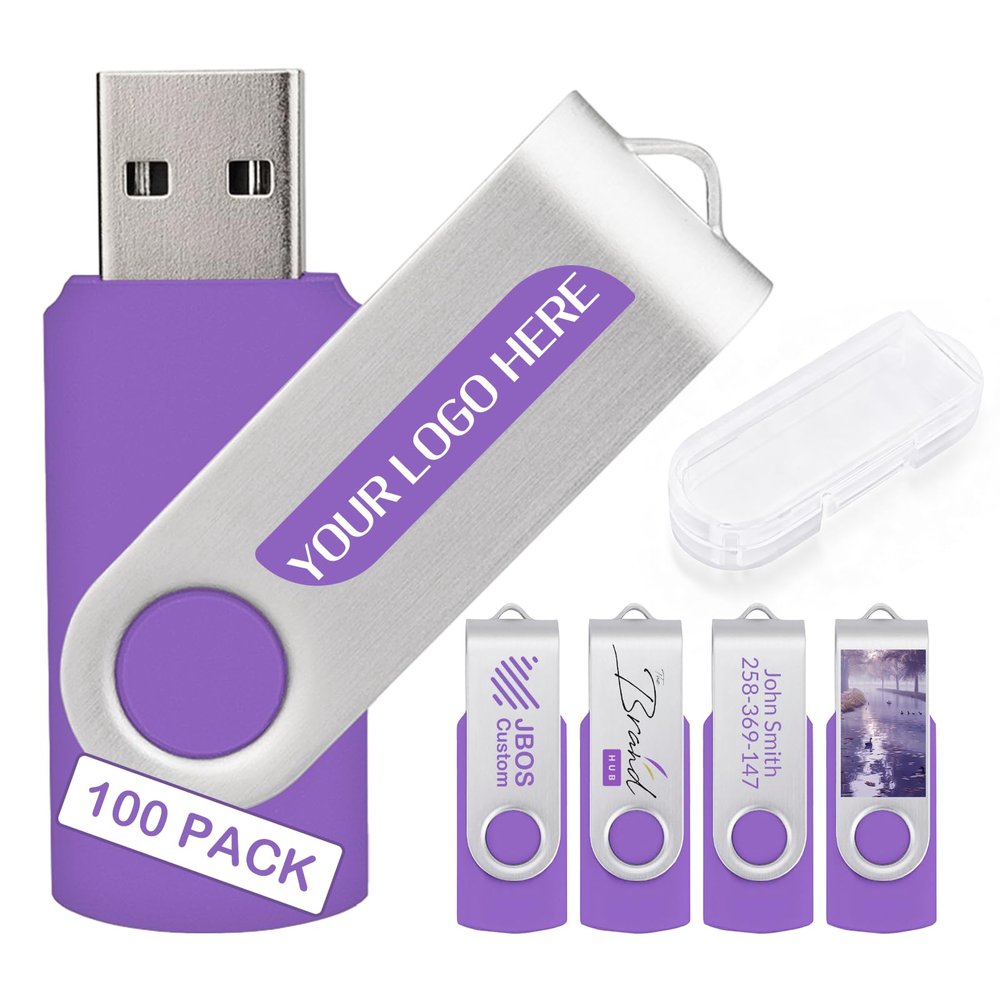 100 Pack Custom USB Flash Drives 16GB USB 3.0,Bulk Personalized Thumb Drives with Logo for Business, Events, Text or Image Printing, JBOS Customized Memory Sticks-Purple