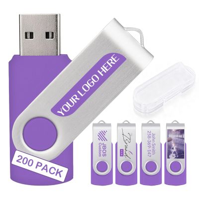200 Pack Custom USB Flash Drives 128MB USB 2.0,Bulk Personalized Thumb Drives with Logo for Business, Events, Text or Image Printing, JBOS Customized Memory Sticks-Purple