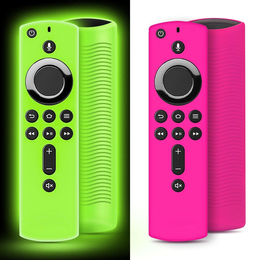 (2 Pack) Wevove Soft Protective Remote Cover,Shockproof Anti-Slip Silicone Protective Case with Lanyard Glow in The Dark (Glow Green and Rose Red)