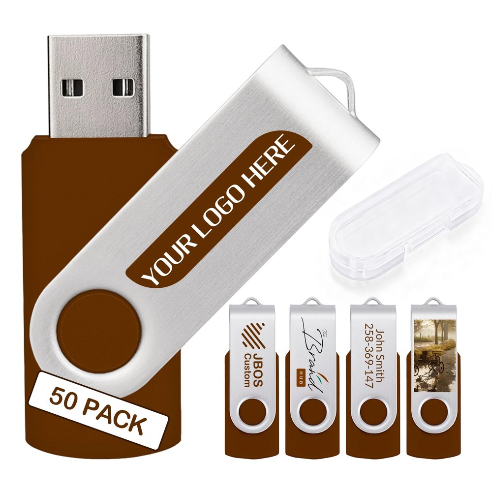 50 Pack Custom USB Flash Drives 1GB USB 2.0,Bulk Personalized Thumb Drives with Logo for Business, Events, Text or Image Printing, JBOS Customized Memory Sticks-Brown