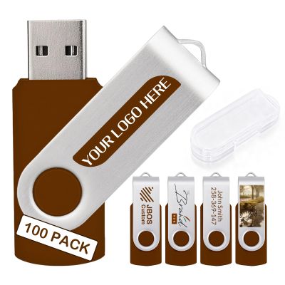 100 Pack Custom USB Flash Drives 16GB USB 3.0,Bulk Personalized Thumb Drives with Logo for Business, Events, Text or Image Printing, JBOS Customized Memory Sticks-Brown
