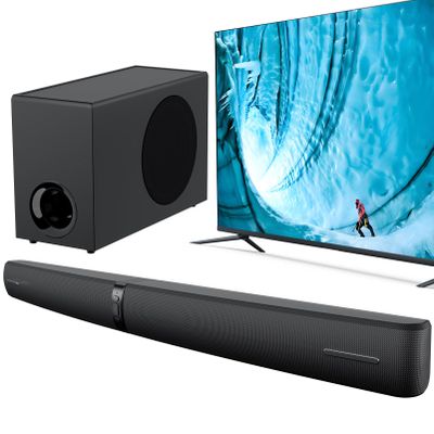 Assistrust 2.1 Sound Bar with Subwoofer, 110W Sound Bar for Smart TV with Adjustable Deep Bass & Volume Boost & 3 EQ Modes, Bluetooth/ARC/Opt/AUX, Soundbar for TV/PC/Gaming/Projector (Black)