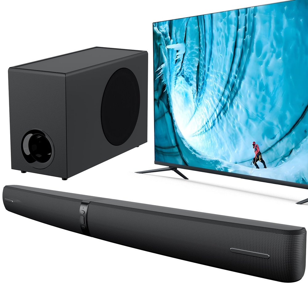 Assistrust 2.1 Sound Bar with Subwoofer, 110W Sound Bar for Smart TV with Adjustable Deep Bass & Volume Boost & 3 EQ Modes, Bluetooth/ARC/Opt/AUX, Soundbar for TV/PC/Gaming/Projector (Black)