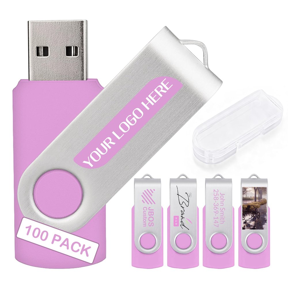 100 Pack Custom USB Flash Drives 16GB USB 3.0,Bulk Personalized Thumb Drives with Logo for Business, Events, Text or Image Printing, JBOS Customized Memory Sticks-Pink