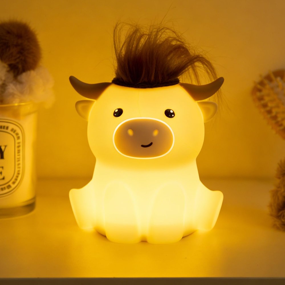 Bestfaith Cute Highland Cow Night Light, LED Squishy Night Lamp, 2 Levels Dimmable Timer Nursery Nightlight for Kids, Rechargeable Touch Lamp, Dorm Decor, Kids Funny Gifts (Highland Cow)