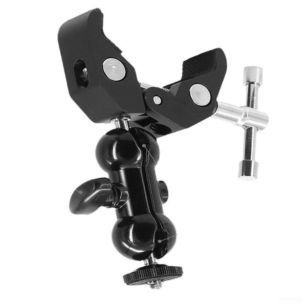 Camera Clamp Mount with Double Ball Head, Monitor Bracket Clamp with 1/4-20 Thread for DSLR Cameras or Field Video Rigs, Adjustable Swivel for 0.55-2.16 Inch Rods