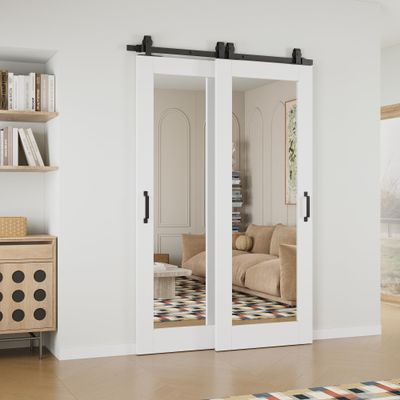 80" 1-Lite Mirror White Primed Solid Core Sliding Bypass Barn Door Double Doors with Hardware Kit,64" x 80"