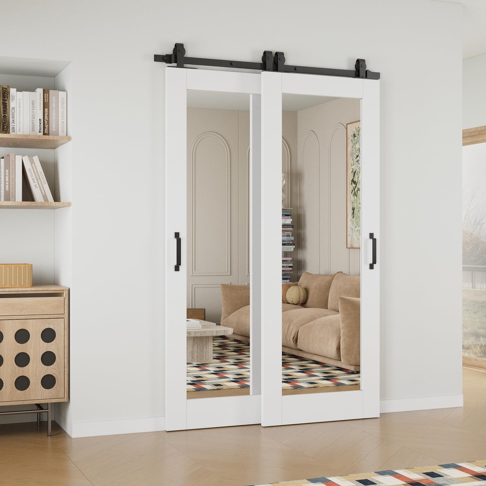 80" 1-Lite Mirror White Primed Solid Core Sliding Bypass Barn Door Double Doors with Hardware Kit,64" x 80"