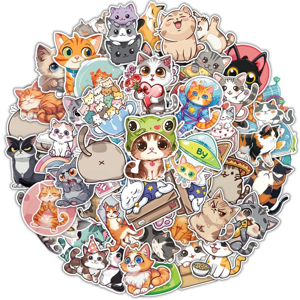 100PCS Cute Cat Stickers Waterproof Vinyl Feline Themed Decals for Kitty Lover, Laptop, Water Bottle, Scrapbook, Journaling, Phone