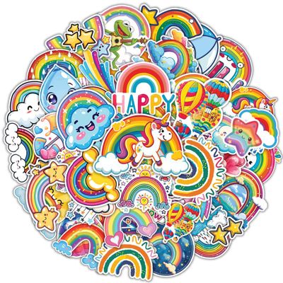 100pcs Rainbow Stickers  Cute Colorful Weather Theme Vinyl Decals with Clouds, Sun, Stars, Balloons for Water Bottle, Laptop, Scrapbook, Party Favors