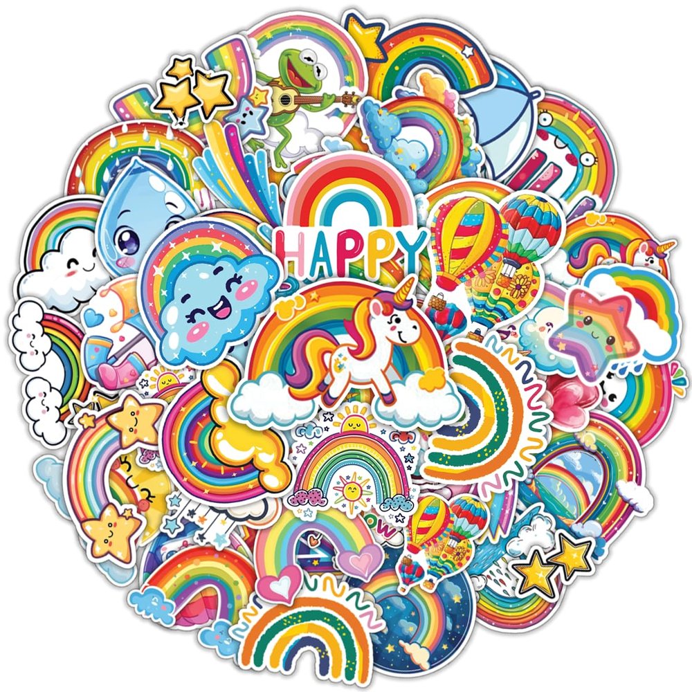 100pcs Rainbow Stickers  Cute Colorful Weather Theme Vinyl Decals with Clouds, Sun, Stars, Balloons for Water Bottle, Laptop, Scrapbook, Party Favors