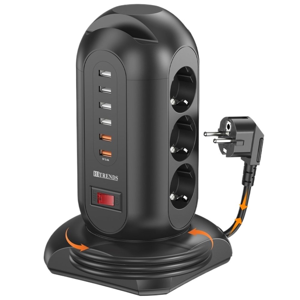 9 Way Multiple Socket Power Strip with 6 USB Vertical EU Outlets Tower Socket with 1.8M Extension Cord Surge Protection for Home(9AC Black)