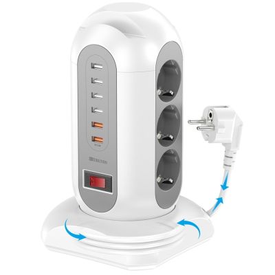 15-in-1 Tower Power Strip 2500W, 9 sockets, 6 USB Charging Ports, Retractable 1.8-Meter Extension Cord Expansion Plug(EU_250V_White)