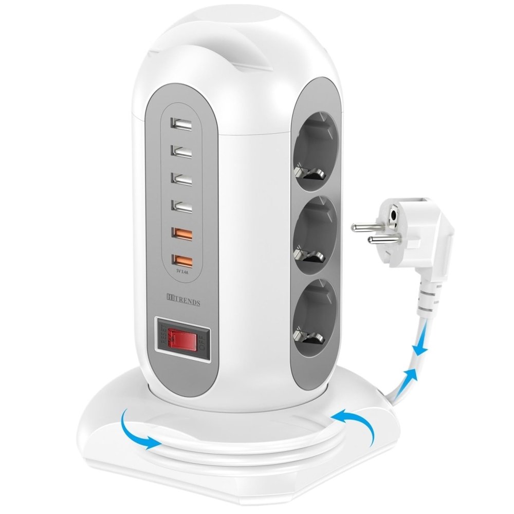 15-in-1 Tower Power Strip 2500W, 9 sockets, 6 USB Charging Ports, Retractable 1.8-Meter Extension Cord Expansion Plug(EU_250V_White)