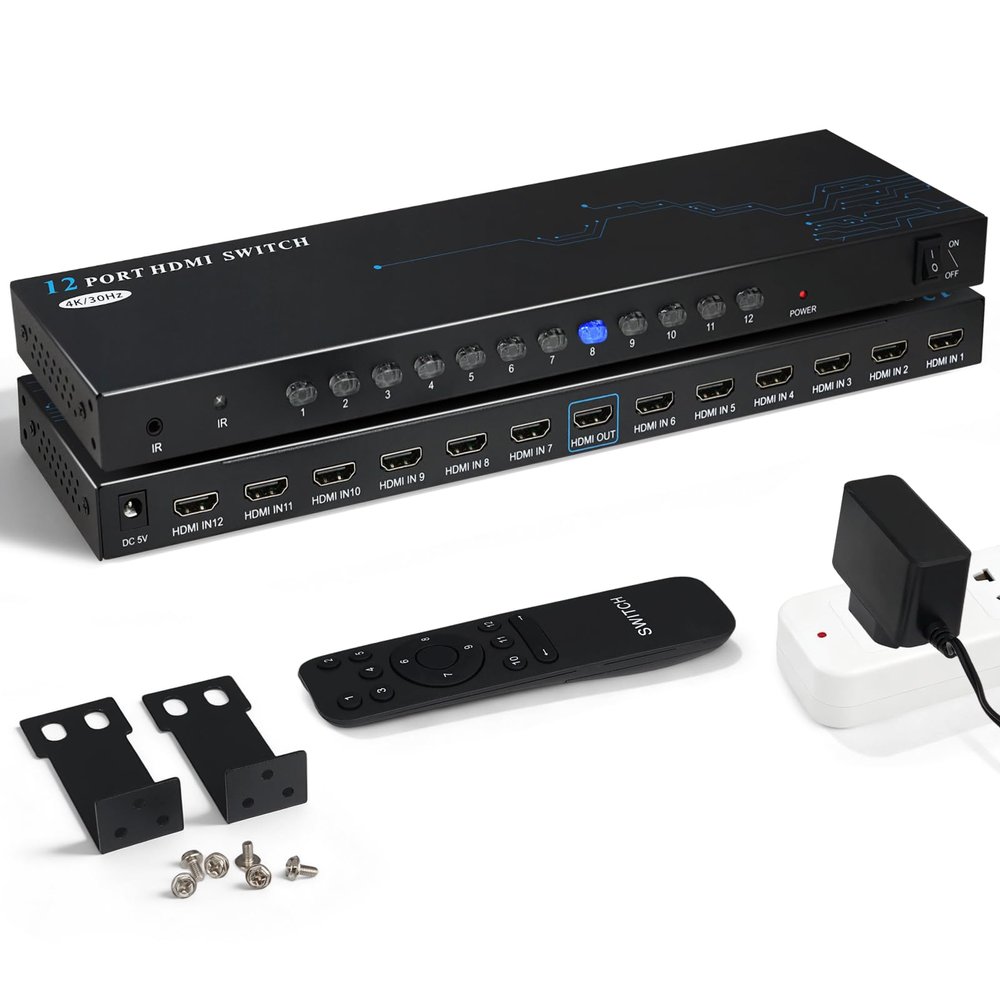 12 Port 8 Port HDMI Switch 12 in 1 Out- 4K HDMI Switcher Selector with IR Remote Control, 4K@30Hz Compatible with Laptop, PS5, Xbox, Fire TV, Blu-ray Player, Set-top Box, TV, Monitor, Projector