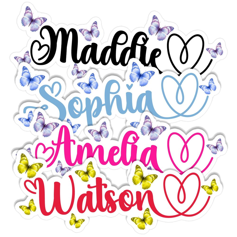 Custom Girls Name with Butterfly Stickers Personalized Color Text Beautiful Names for Princess Waterproof Die Cut Vinyl & Transparent DTF Decal for Water Bottle Laptop Car Helmet Gifts for Men Women