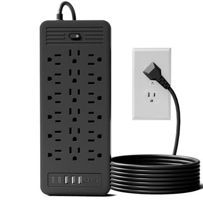 18 Outlets Surge Protector Power Strip - 10 Feet Flat Plug Heavy Duty Extension Cord with 18 Widely Outlets and 3 USB Ports,2 Type-C Ports,Black (Black, 5FT)